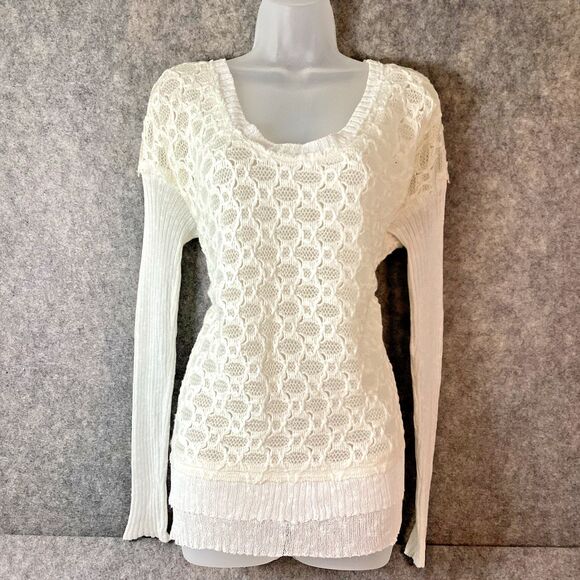 Free People Windows To My Soul Open Knit Ruffle Hem Crochet Sweater Large Ivory - Picture 1 of 15